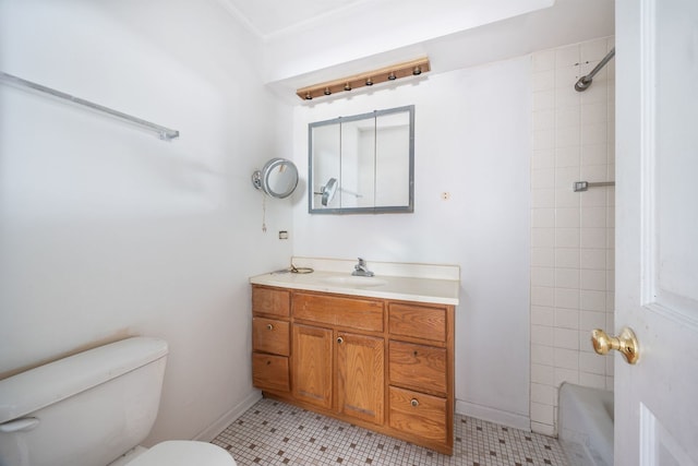 full bath featuring toilet, tile patterned flooring, shower / bathing tub combination, and vanity