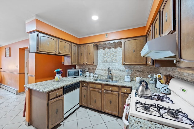 kitchen with light tile patterned floors, white appliances, a sink, ventilation hood, and decorative backsplash