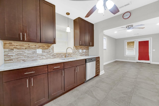 kitchen featuring ceiling fan, a sink, visible vents, backsplash, and dishwasher