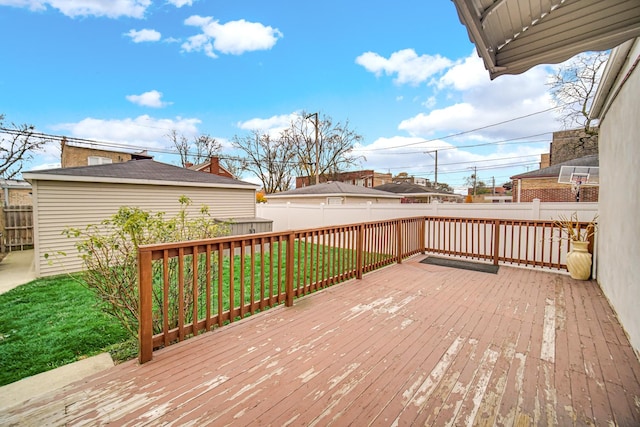 deck featuring a fenced backyard and a lawn