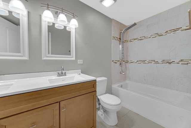 bathroom featuring double vanity, toilet, tile patterned floors, shower / bathtub combination, and a sink