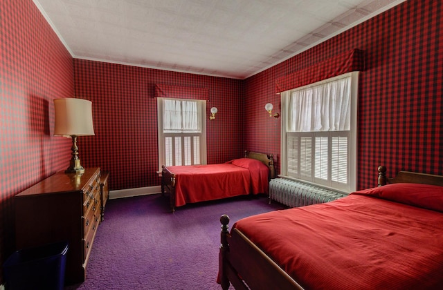 bedroom featuring baseboards, carpet flooring, and wallpapered walls