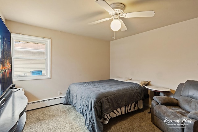 carpeted bedroom featuring baseboard heating and a ceiling fan