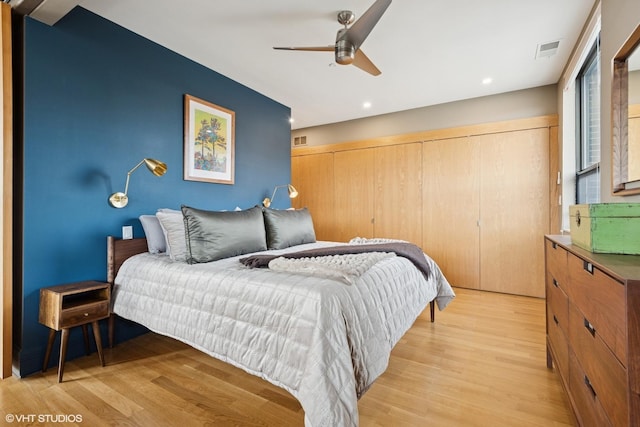 bedroom featuring recessed lighting, visible vents, and light wood-style flooring