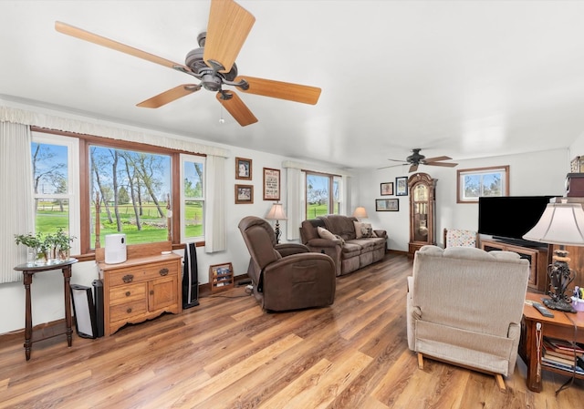 living room featuring a ceiling fan and light wood-type flooring