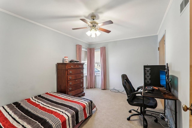 bedroom featuring light carpet, ceiling fan, ornamental molding, and visible vents