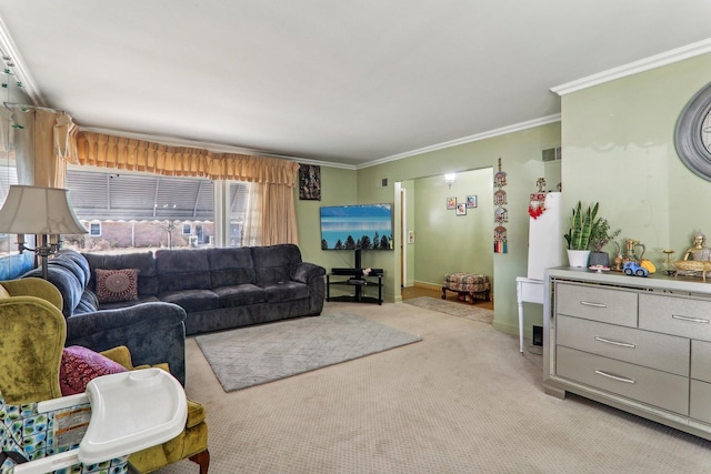 living room with light carpet, baseboards, visible vents, and crown molding