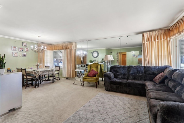 living room with a notable chandelier, carpet, and crown molding