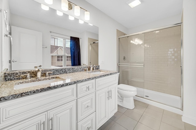 full bathroom featuring a shower stall, a sink, toilet, and tile patterned floors