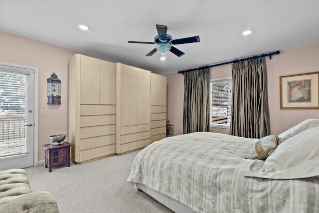 bedroom with light carpet, baseboards, ceiling fan, access to outside, and recessed lighting