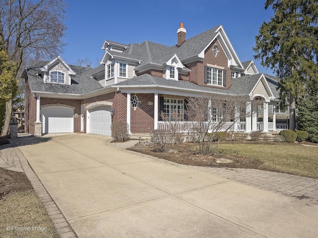 view of front of home with brick siding, a porch, driveway, and roof with shingles