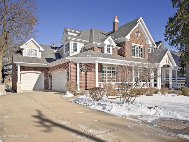 view of front of property featuring a garage, a porch, concrete driveway, and brick siding