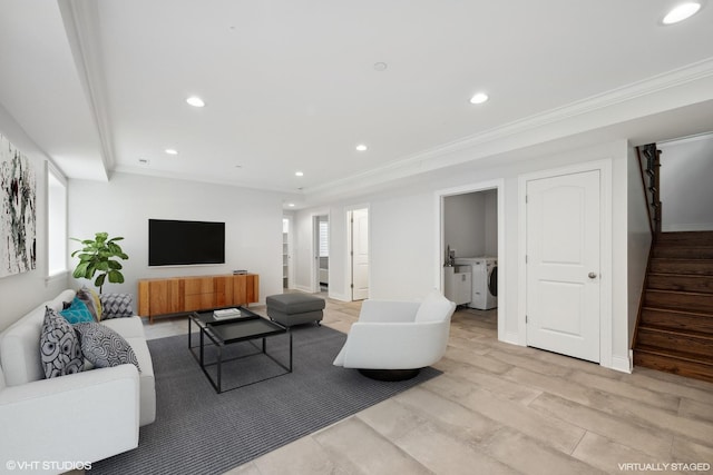 living room with stairway, recessed lighting, washing machine and clothes dryer, and crown molding