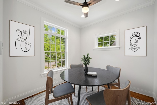 dining area with wood finished floors, a wealth of natural light, and baseboards