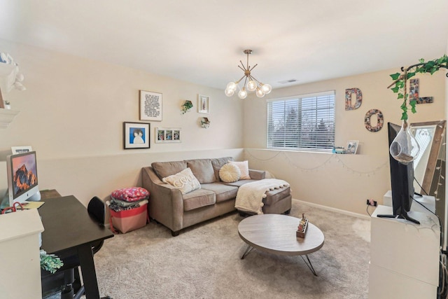 carpeted living room featuring baseboards, visible vents, and an inviting chandelier