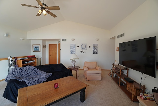 living room featuring a ceiling fan, carpet, visible vents, and vaulted ceiling