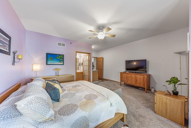 bedroom featuring light carpet, ceiling fan, visible vents, and baseboards