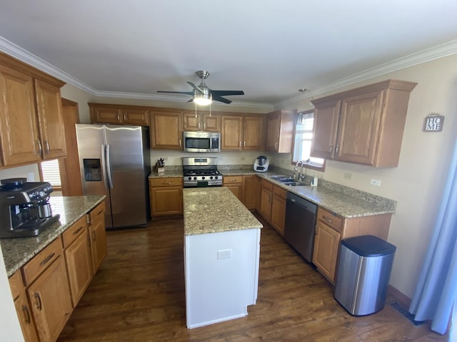 kitchen with a sink, dark wood-type flooring, a kitchen island, and appliances with stainless steel finishes