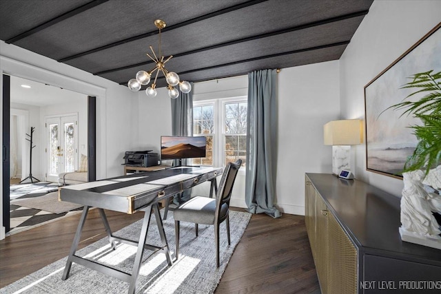 dining room with dark wood-type flooring, a notable chandelier, beamed ceiling, and baseboards