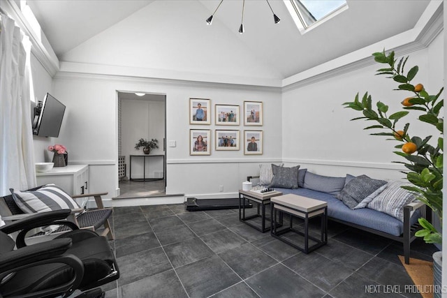 living room with a skylight and high vaulted ceiling