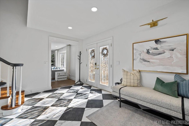 entryway featuring baseboards, stairway, tile patterned floors, french doors, and recessed lighting