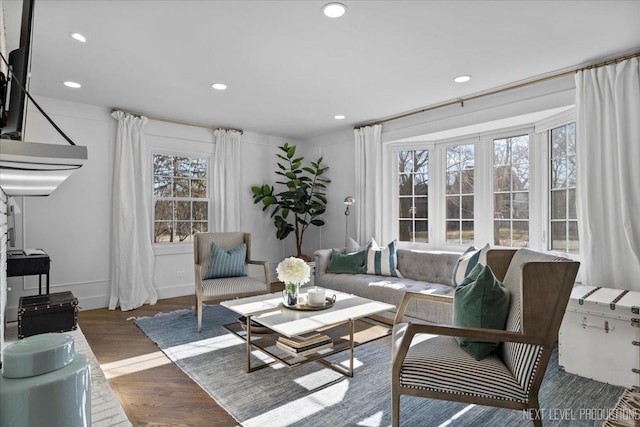 living area with wood finished floors and recessed lighting