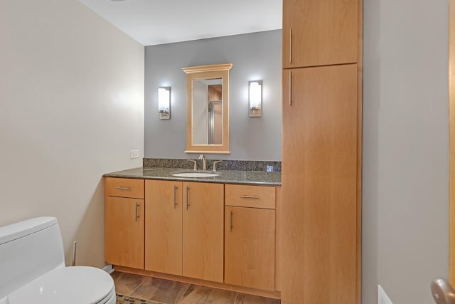 bathroom with toilet, wood finished floors, and vanity