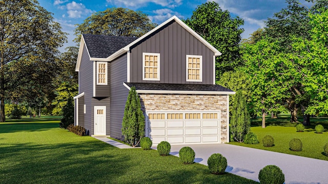 traditional-style house featuring a garage, stone siding, concrete driveway, a front lawn, and board and batten siding