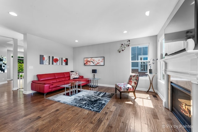 living room featuring baseboards, a fireplace, wood finished floors, and recessed lighting