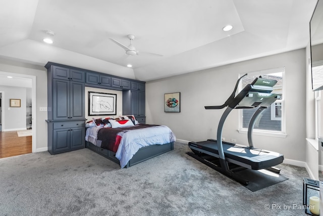 carpeted bedroom featuring lofted ceiling, a raised ceiling, and baseboards