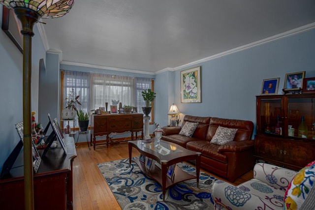 living room with crown molding and light wood finished floors