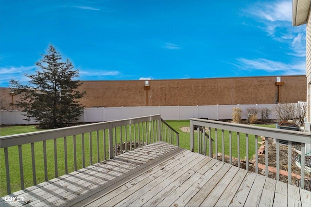 wooden deck featuring a fenced backyard and a yard