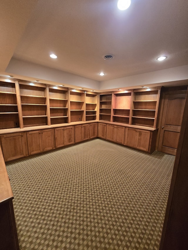 interior space with recessed lighting, visible vents, and light colored carpet