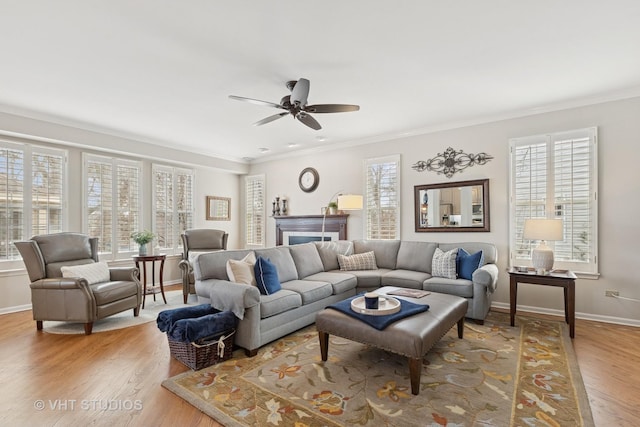 living area featuring ornamental molding, wood finished floors, and baseboards