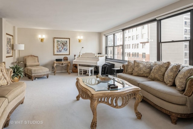 living area with carpet flooring