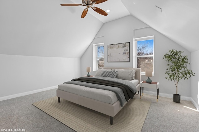 bedroom featuring vaulted ceiling, a ceiling fan, baseboards, and carpet floors