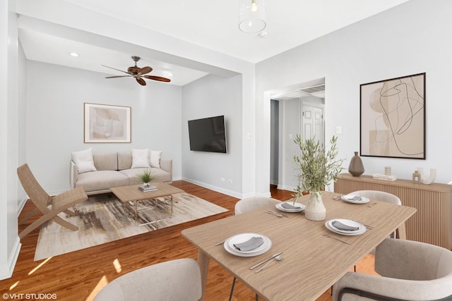 dining room with wood finished floors, visible vents, baseboards, recessed lighting, and ceiling fan