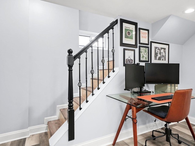 office area with recessed lighting, wood finished floors, and baseboards