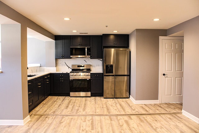 kitchen featuring baseboards, stainless steel appliances, light countertops, light wood-style floors, and backsplash