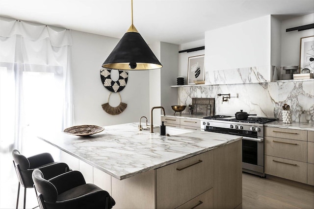 1940 N Maud Ave, Chicago, IL 60614 - kitchen with stainless steel range, backsplash, light wood finished floors, light stone countertops, and modern cabinets