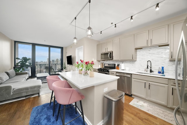 kitchen with open floor plan, appliances with stainless steel finishes, a sink, and tasteful backsplash