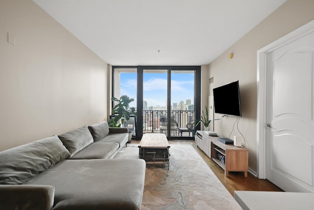 living room featuring wood finished floors and floor to ceiling windows