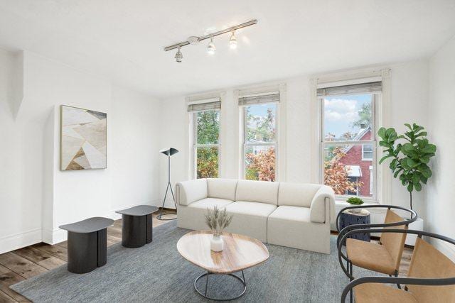 living area with track lighting, a wealth of natural light, baseboards, and wood finished floors