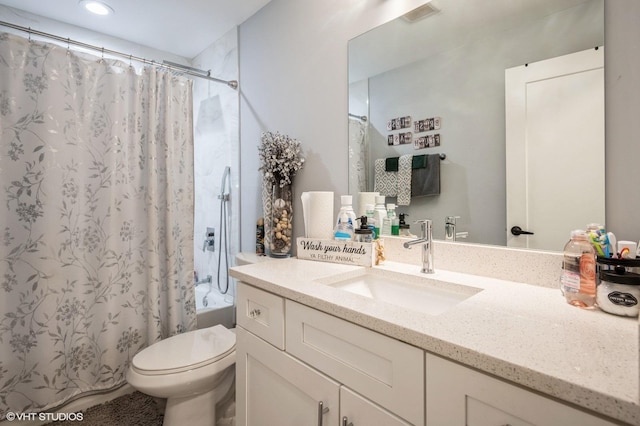 bathroom with visible vents, shower / bath combination with curtain, vanity, and toilet