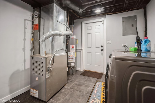 laundry room featuring water heater, separate washer and dryer, laundry area, electric panel, and baseboards