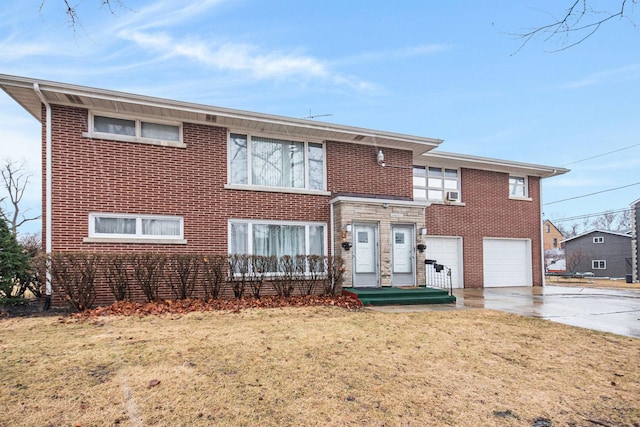 view of front facade featuring a front lawn, brick siding, driveway, and an attached garage