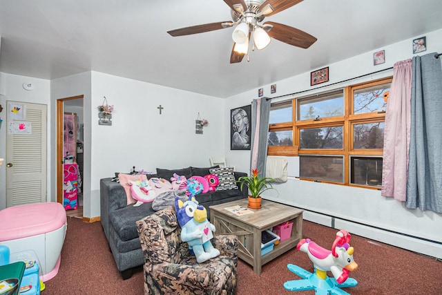 carpeted living room with a baseboard radiator and a ceiling fan