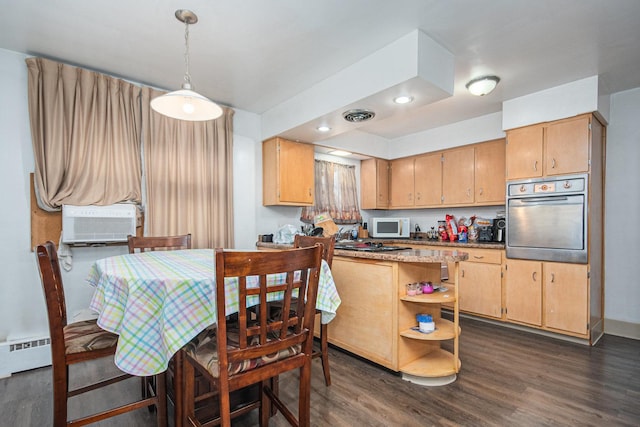 kitchen featuring white microwave, visible vents, stainless steel oven, dark wood-style floors, and open shelves