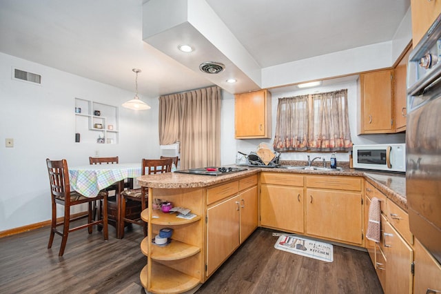 kitchen with open shelves, white microwave, dark wood-type flooring, and visible vents