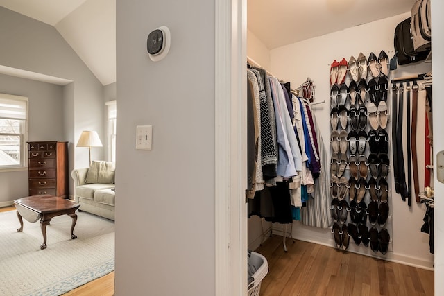 walk in closet with lofted ceiling and wood finished floors